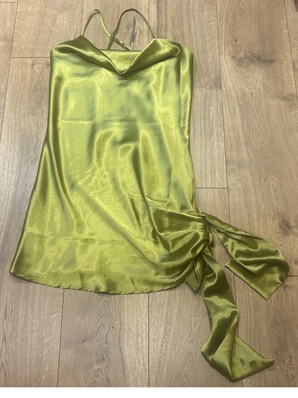 Anthropologie Moon River Olive Chartreuse Satin Cowl Neck Mini Dress NWT M - Picture 6 of 15